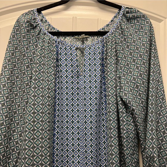 Max Studio Women’s Floral Peasant Keyhole Tunic Top Blouse Size L Green Blue - Picture 2 of 6